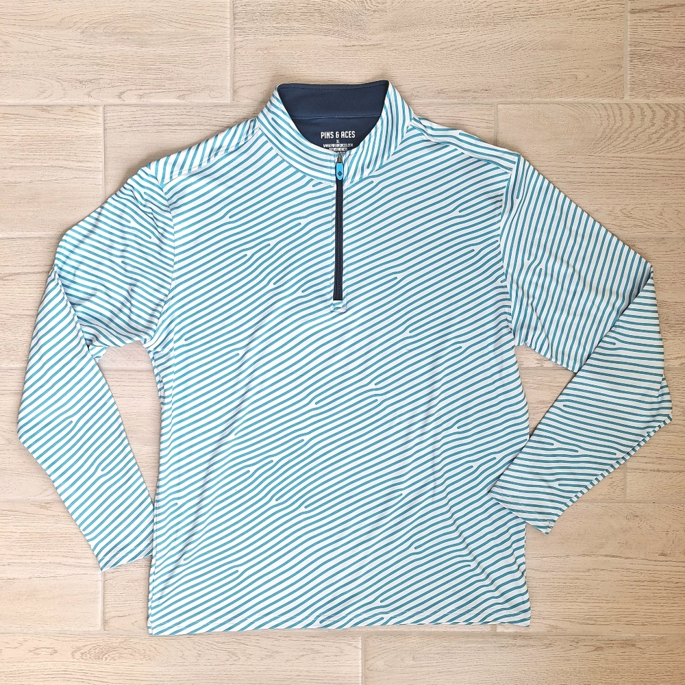 Pins & Aces Golf Co Teal And White Waves Performance Gof l1/4 Zip Pullover XL